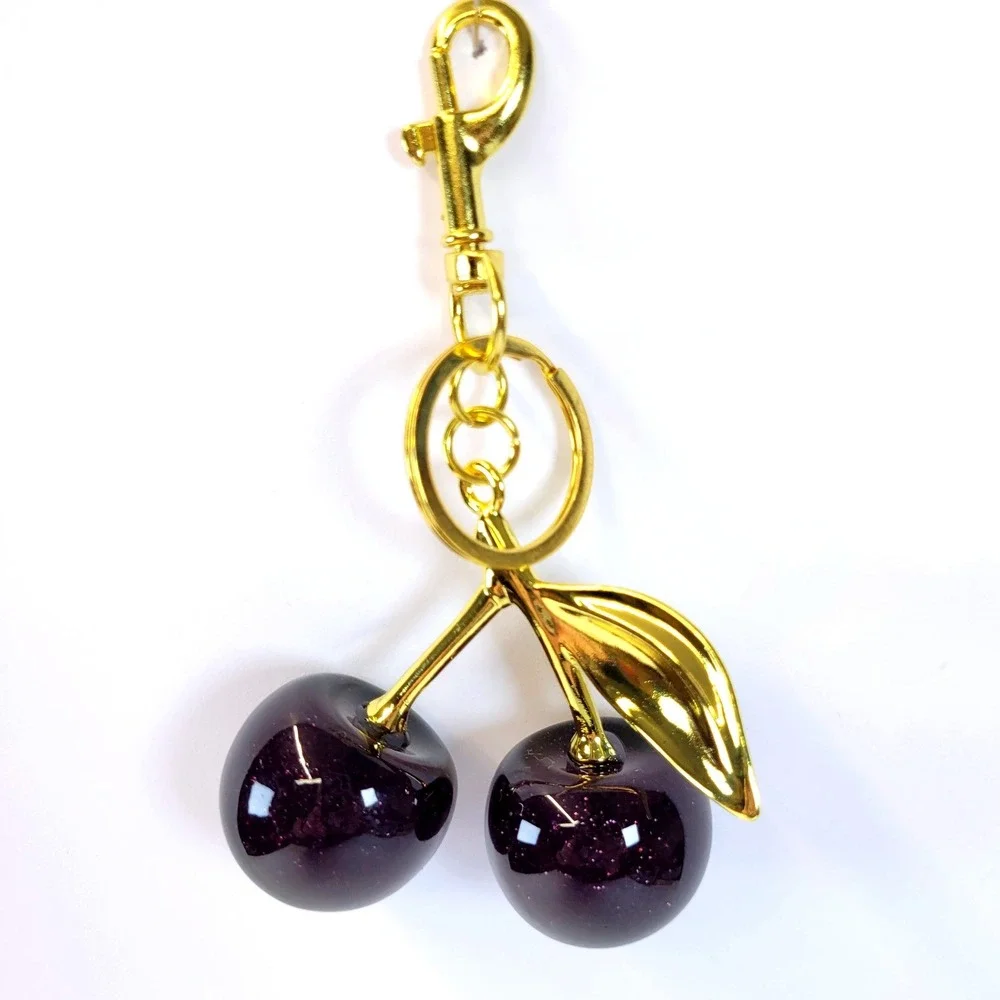 Cherry Bag Charm Glitter Resin Gold Hardware Dark Purple Womens Goth Whimsical